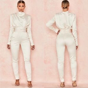 HOUSE OF CB 'Gabrielle' Ivory Draped Satin Jumpsuit NWOT